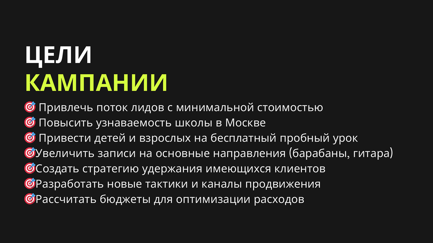 Зафиксированные цели проекта на старте стратегии